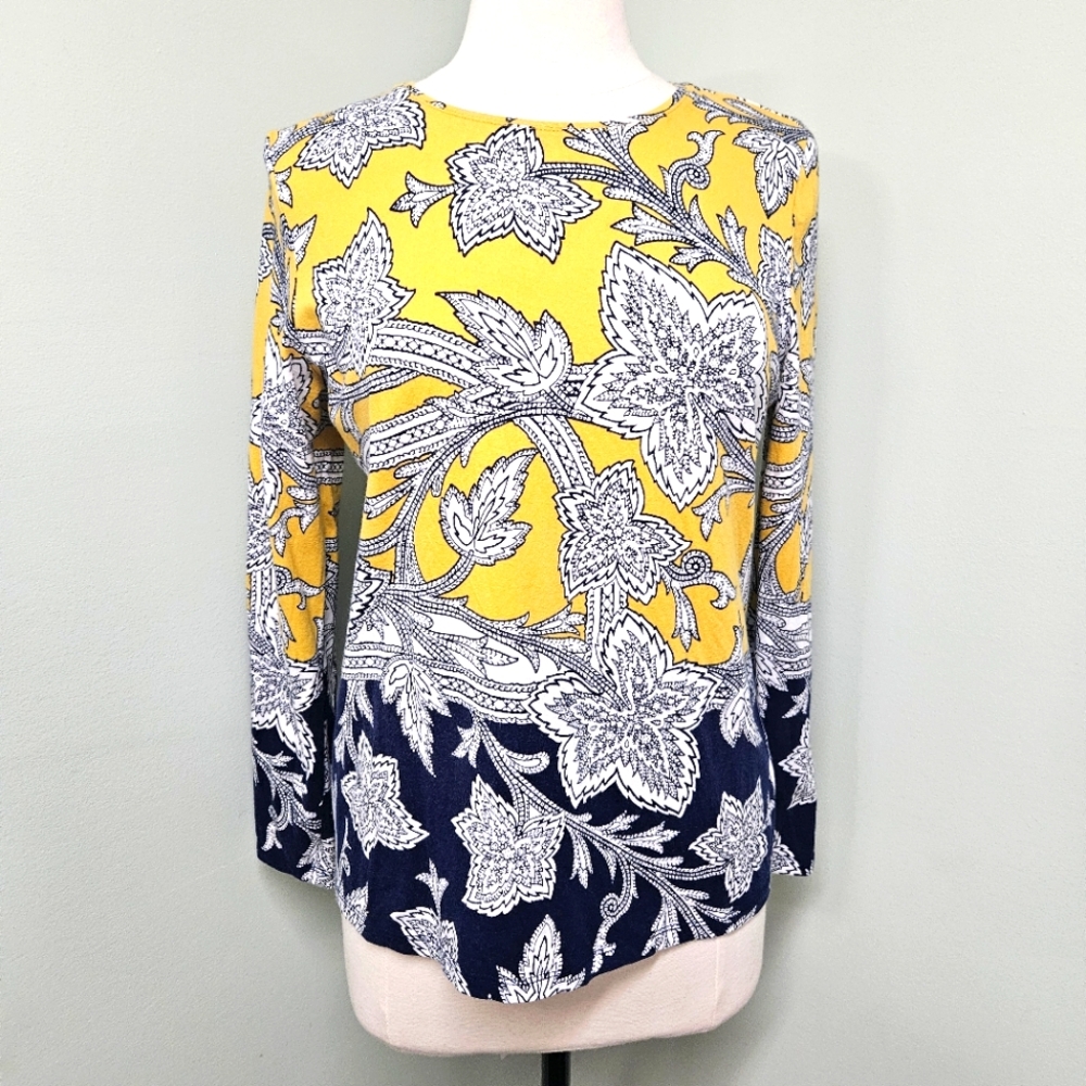 Talbots Paisley Long-Sleeve Shirt Size LP Stretch Knit Classic Fall Blue Gold